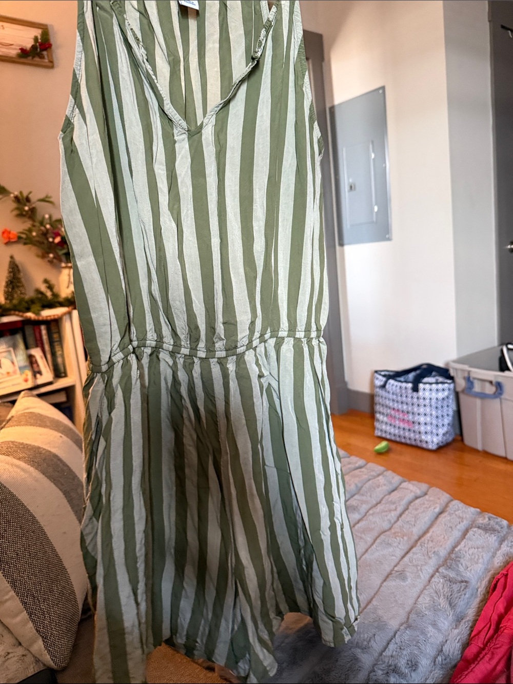 Old Navy Olive and Cream Striped Jumpsuit